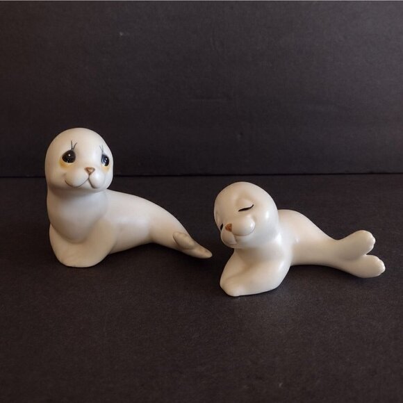 Vintage Oxford Mexico Pair Of Ceramic Mother & Pup White Seal Figurines Big Eyes - Picture 1 of 8